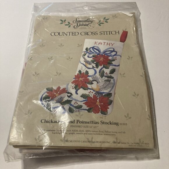 VTG Something Special Chickadees & Poinsettias Christmas Stocking Cross Stitch - Picture 1 of 4